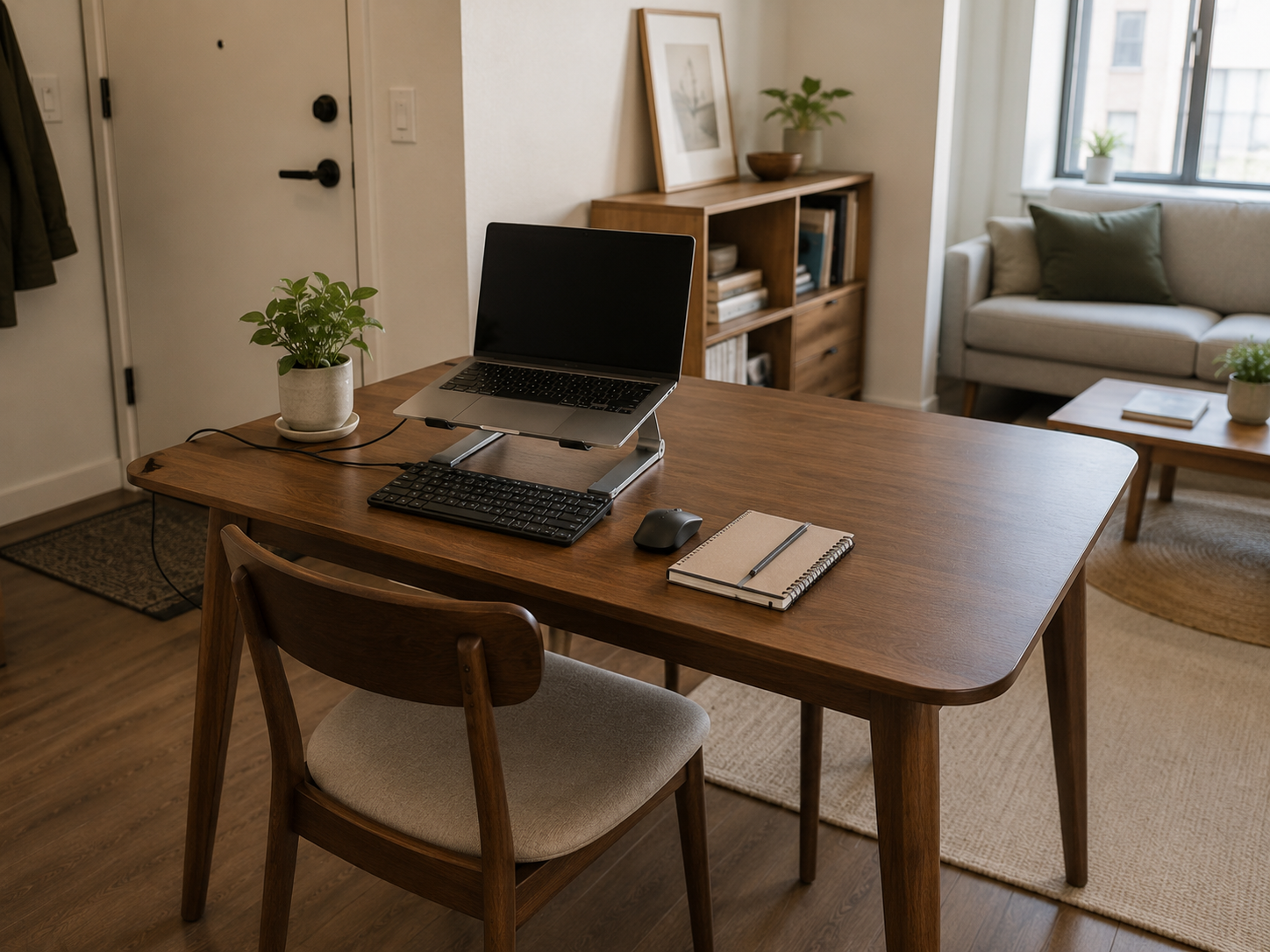 A temporary laptop workstation with a stand, keyboard, and mouse set up on a small apartment dining table.