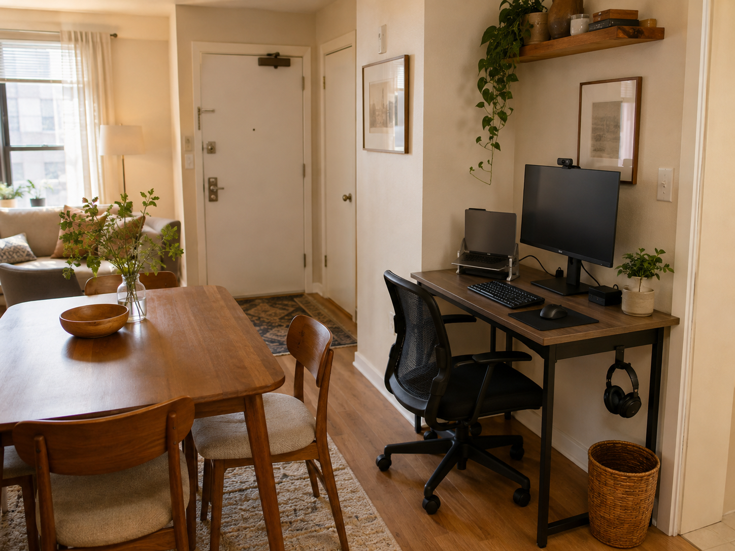 A compact dedicated desk holds fixed computer equipment beside a clear dining table in a small apartment.