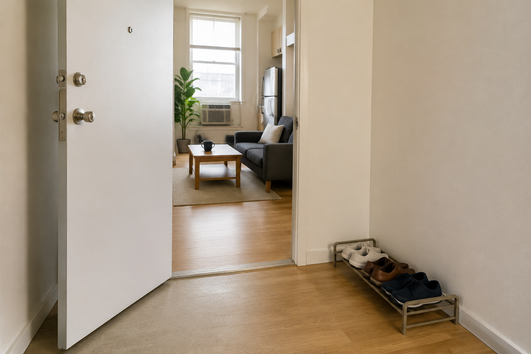 A compact apartment door opens directly into the living area, with a shallow freestanding shoe rack along the side wall and a clear path through the entrance.