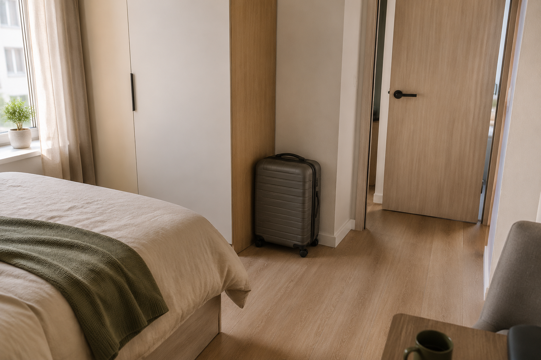 A gray carry-on suitcase stands upright beside a wardrobe in a compact bedroom, leaving the open doorway and main walking route clear.