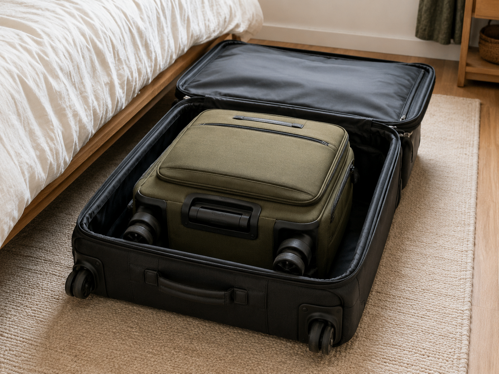 A smaller olive suitcase nests inside an open larger black suitcase beside a bed in a compact apartment bedroom.