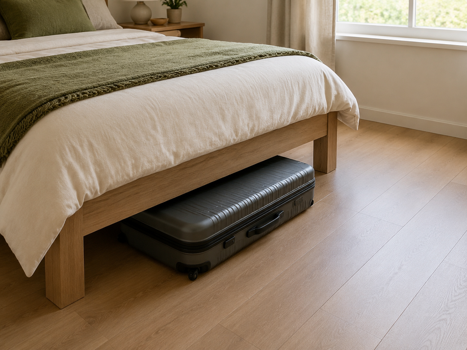 A slim suitcase is partly pulled from beneath a low wood bed with clear floor space ahead for full removal.