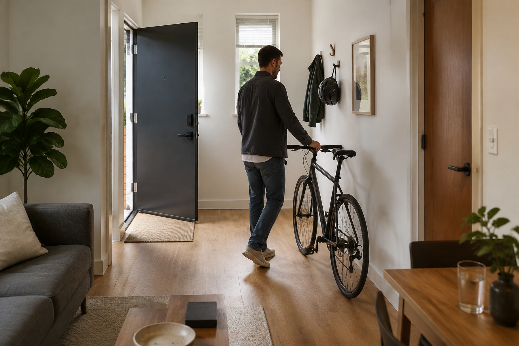 A person rolls a full-size bicycle from an open entry door through a compact apartment toward a wall-side storage spot while the main walking path stays clear.