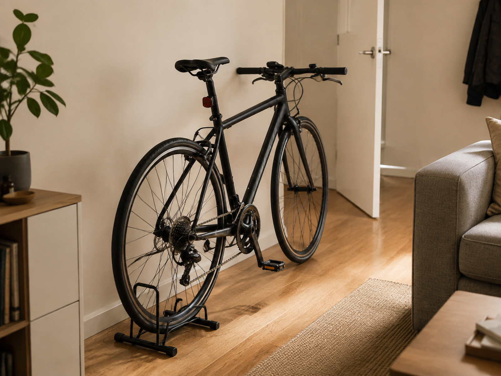 A full-size bicycle sits upright in a freestanding wheel-in floor stand along a compact apartment wall with its handlebar and pedal projection visible and the walkway clear.