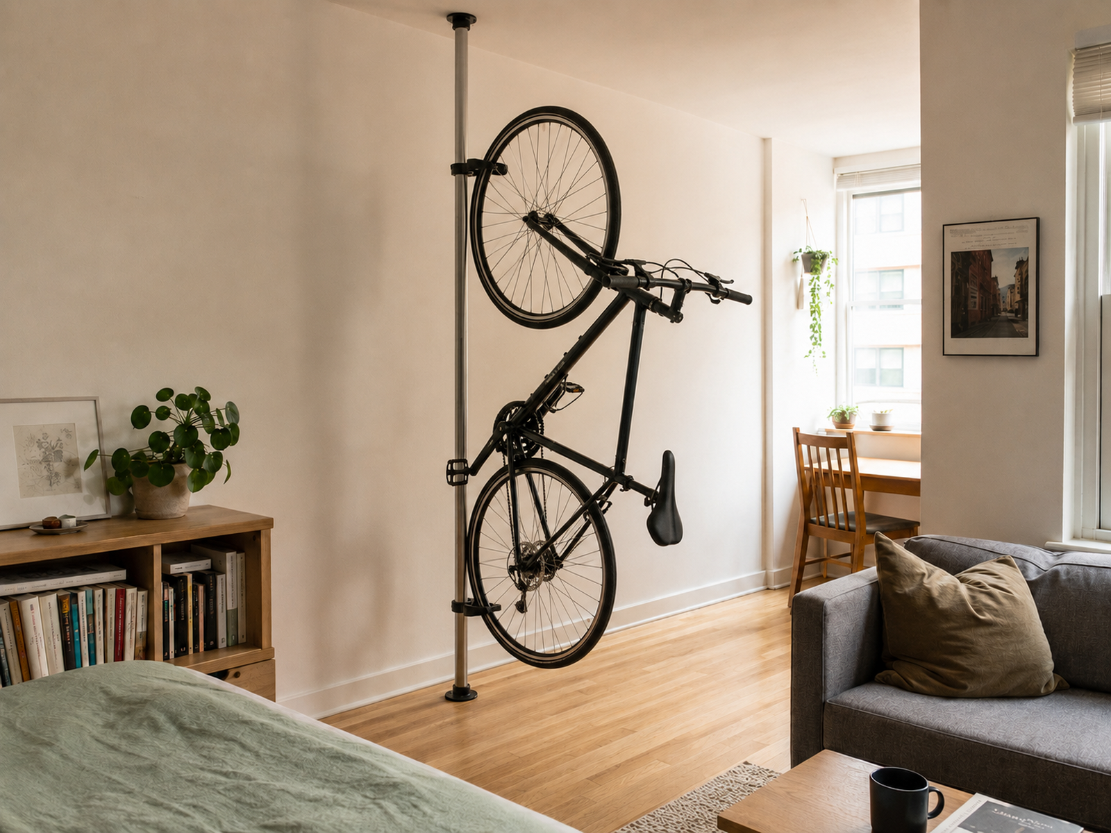 A full-size bicycle is stored vertically on a floor-to-ceiling tension-style column in a compact apartment, with its projection and open retrieval space visible.