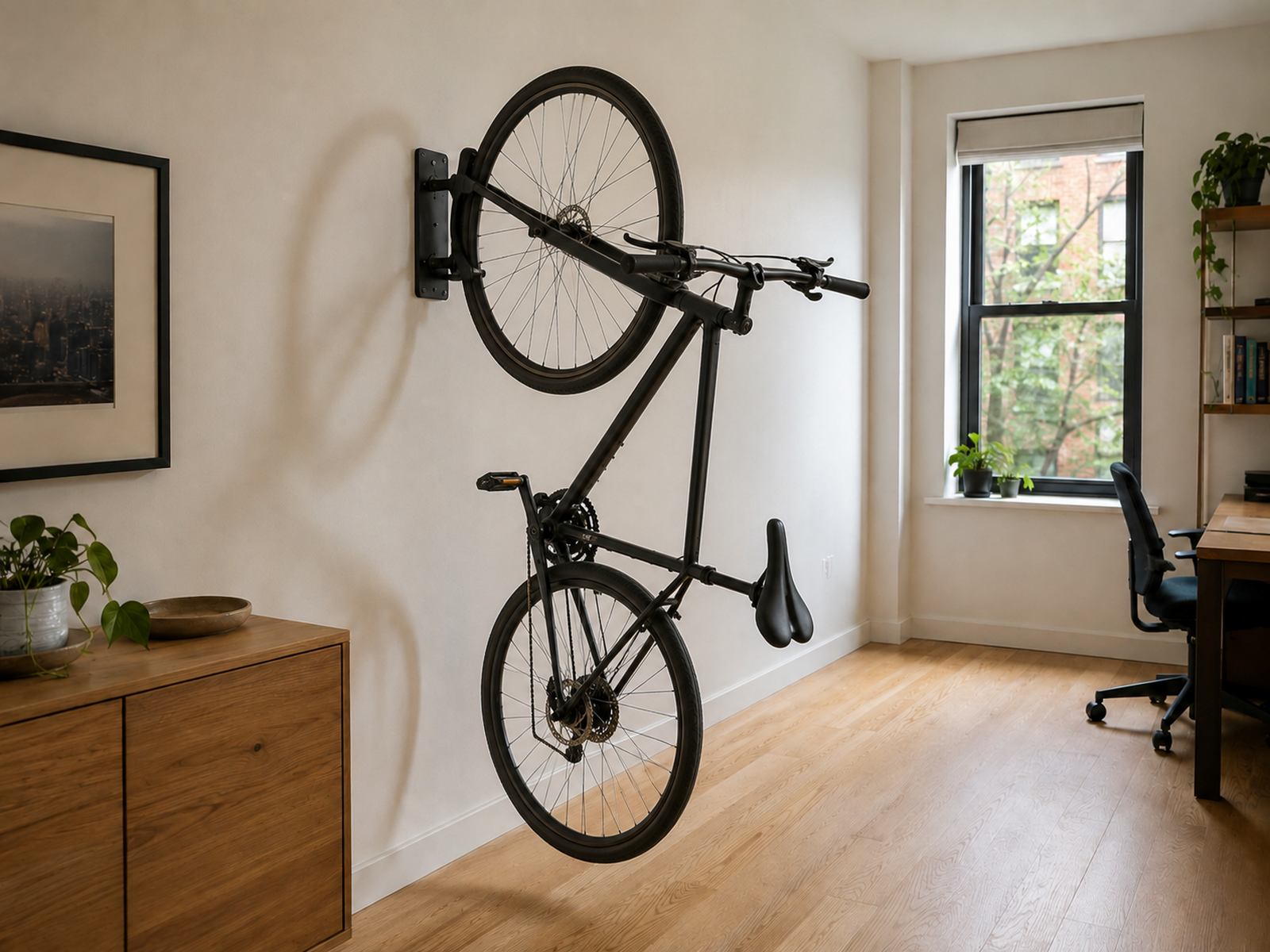 A full-size bicycle on a wall-mounted pivot-style rack angles away from the wall in a compact apartment with a clear floor area for its swing path.