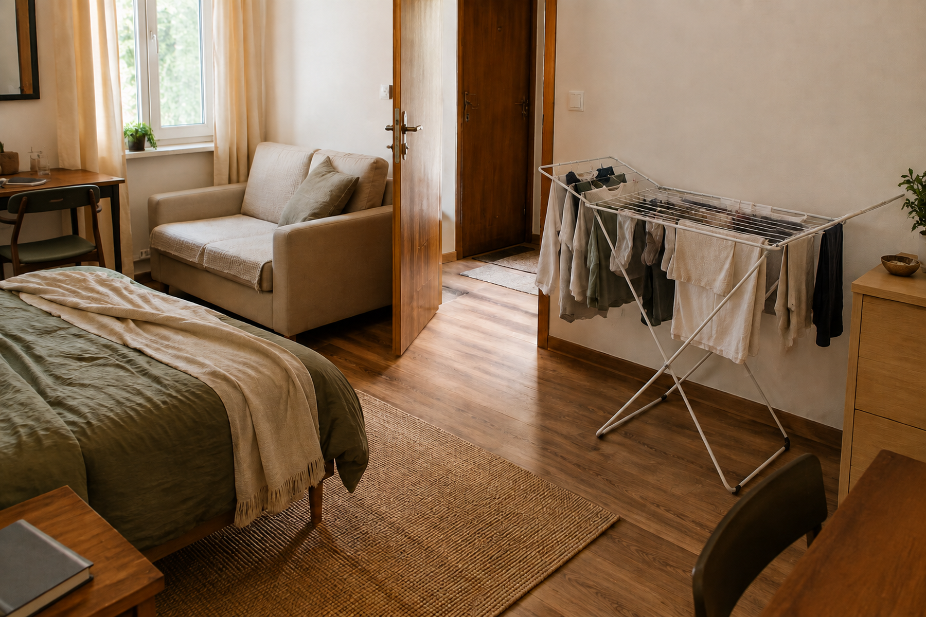 A foldable drying rack holds a modest laundry load in a compact apartment while the doorway, walking path, and nearby furniture remain usable.