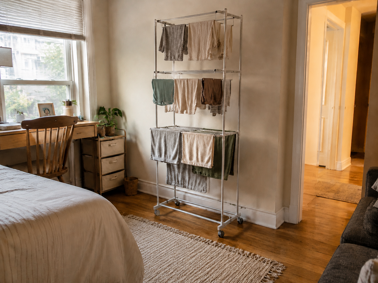 A vertical tower drying rack uses height for a modest laundry load in a small apartment while leaving an open walking route beside it.