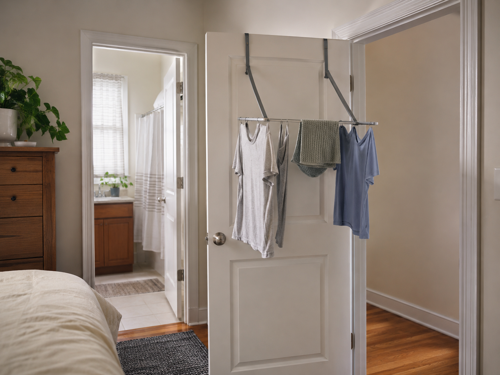 A removable over-door drying rack holds a small laundry load on a partly open apartment door with clear space for normal door movement.