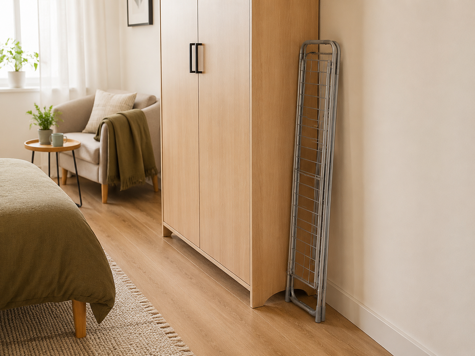 A folded drying rack stands in a narrow gap beside a wardrobe in a small apartment, leaving furniture access and the walking path clear.