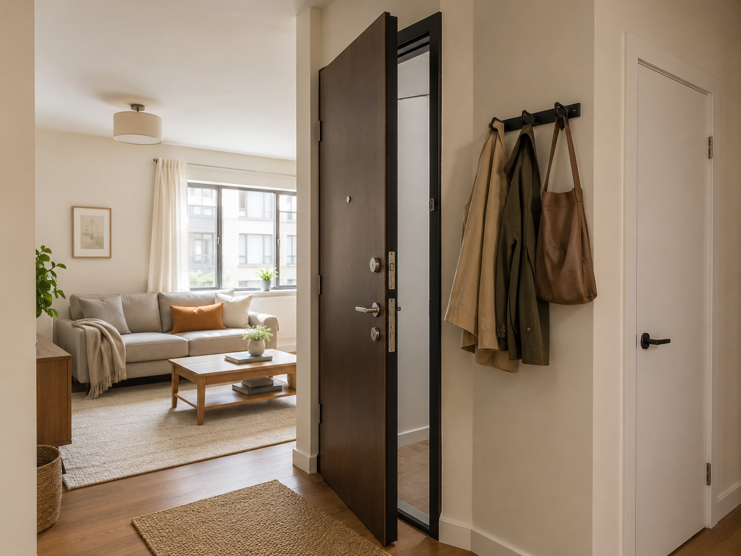 Two coats and an everyday bag on wall hooks beside the front door in a small apartment with no entryway.