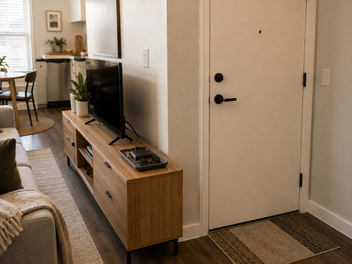 A small tray with keys, a wallet, and sunglasses on an existing media cabinet near the front door in a small apartment.
