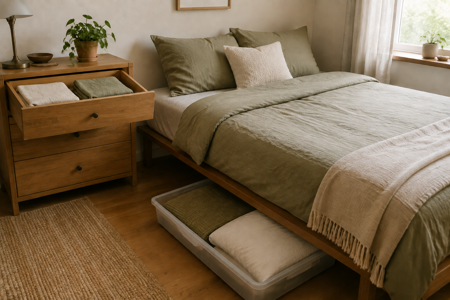 A compact bedroom with current sheet sets in an open dresser drawer and bulky guest bedding in one low container pulled from under the bed.