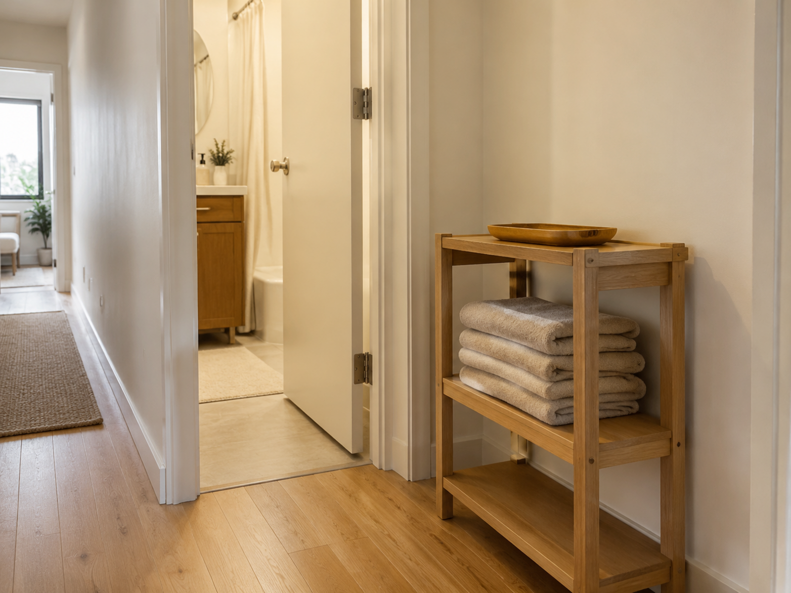 A small stack of current towels on a shallow hallway shelf just outside a compact bathroom while the doorway and walking path remain clear.