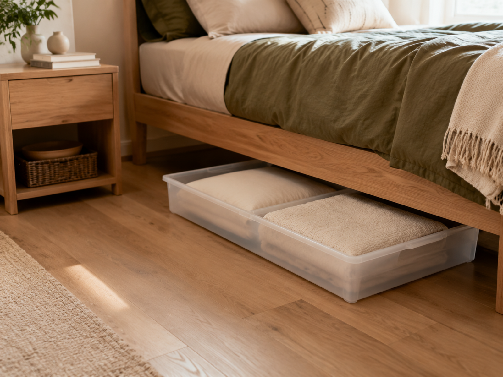 A low under-bed container holding guest bedding with enough frame clearance and open floor space to pull it out past the nearby nightstand.