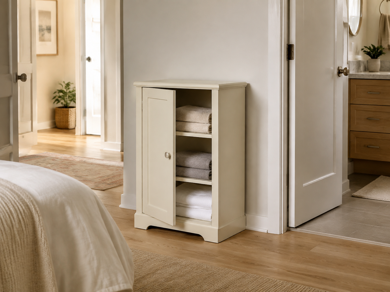 A narrow freestanding linen cabinet in a compact bedroom placed outside the main walkway with clearance for the nearby bathroom door and bed.