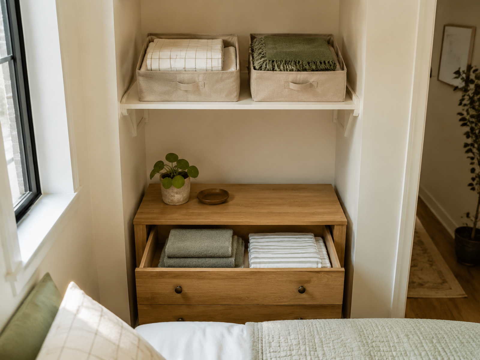 Light guest linens in two fabric bins on an existing upper shelf while current towels and sheets remain in an open lower drawer.