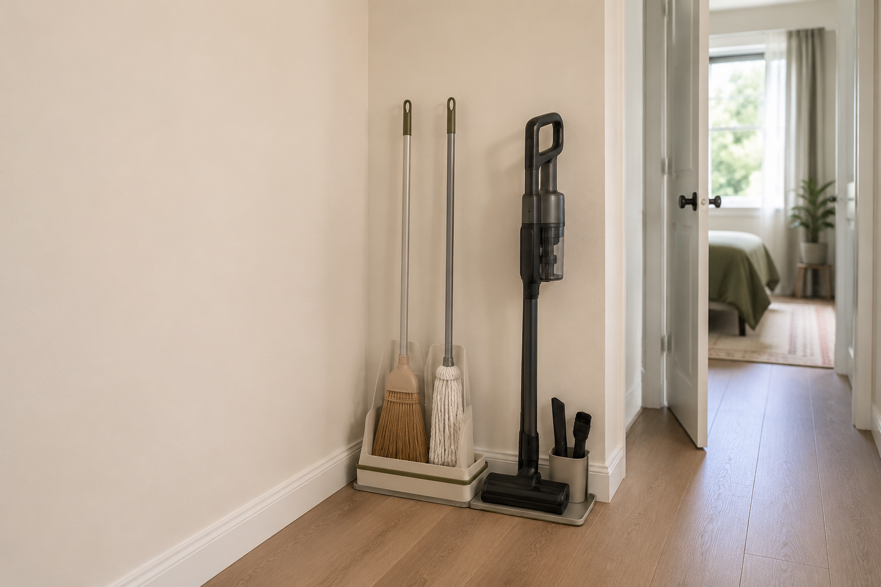 A compact apartment cleaning-tool parking zone keeps a broom and dry mop in a freestanding holder, a floor-supported stick vacuum, and an attachment caddy clear of the open hallway.