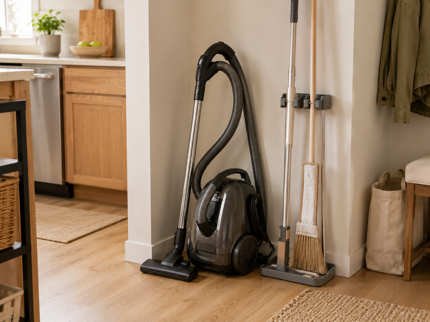 A compact canister vacuum with its hose contained beside separately parked broom and mop tools in a small apartment.