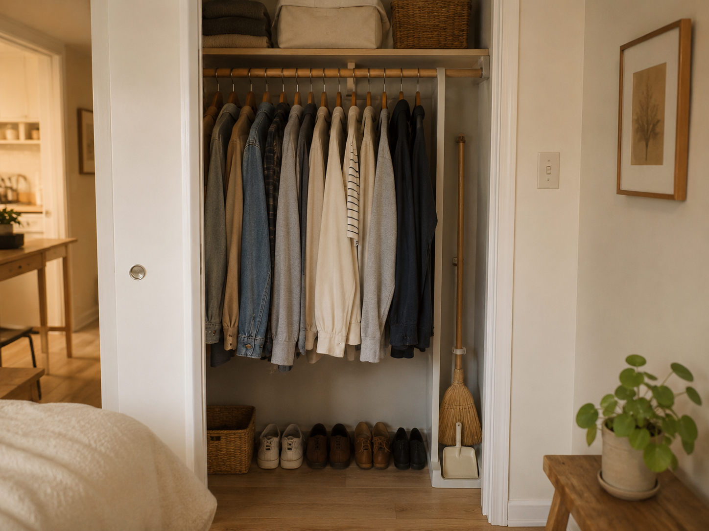 A broom and dustpan stored in a narrow side zone of a small clothes closet without blocking the hanging clothes.