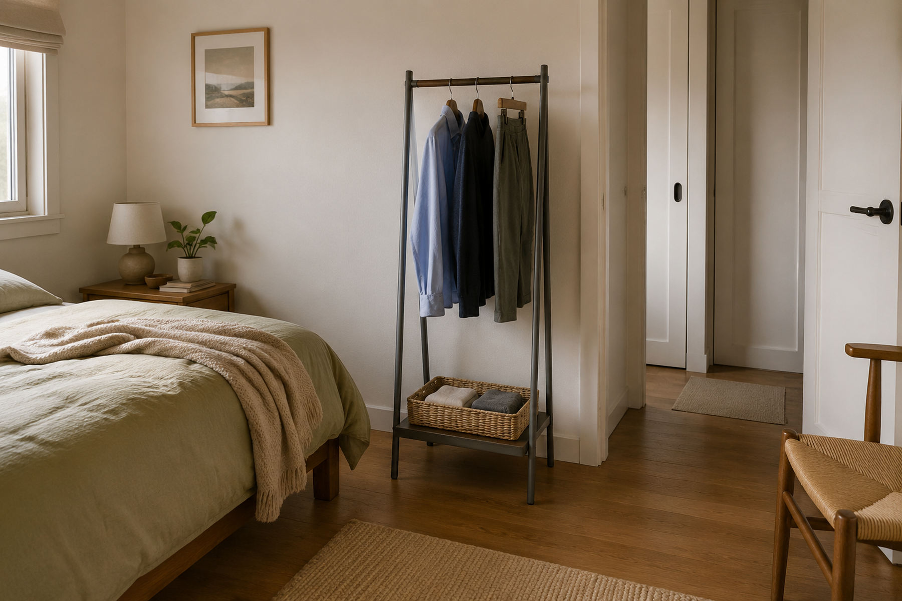 A compact bedroom has a slim freestanding rewear station holding three visible garments and a shallow basket with two folded items while the walking path and chair remain clear.