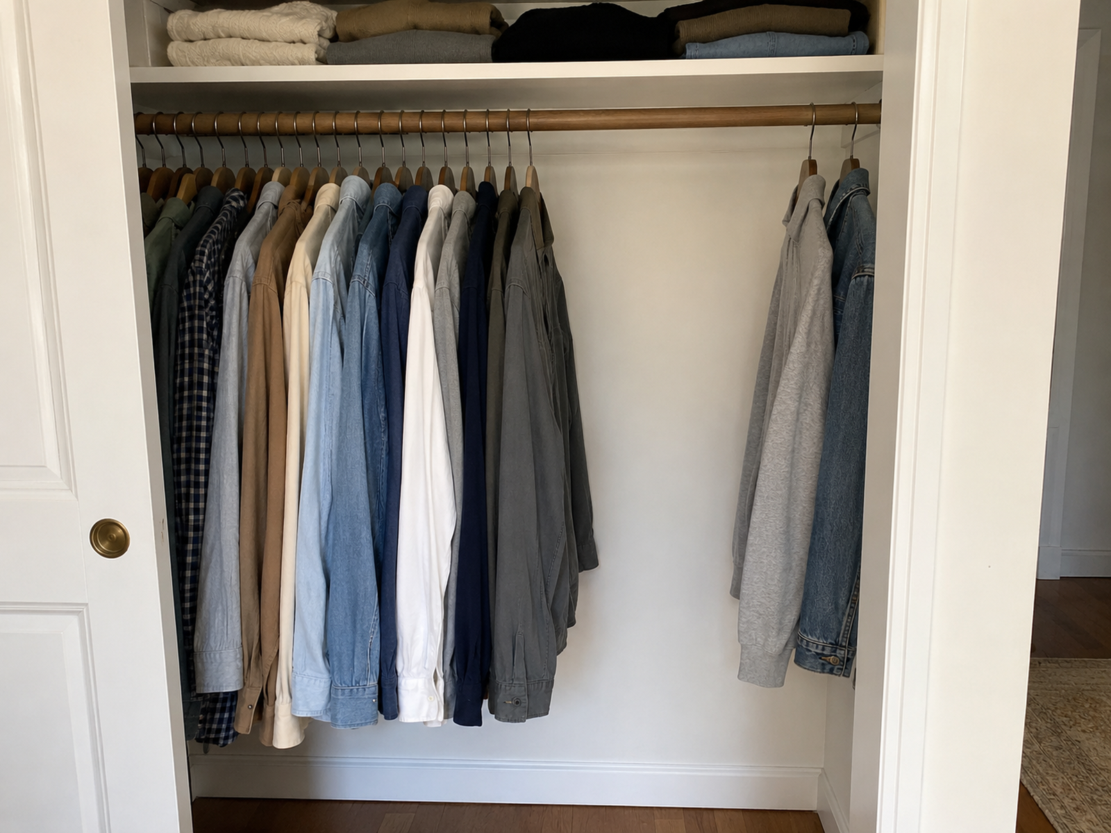 Two garments hang at one end of a small closet’s existing rod, separated by a wide empty gap from the rest of the wardrobe.