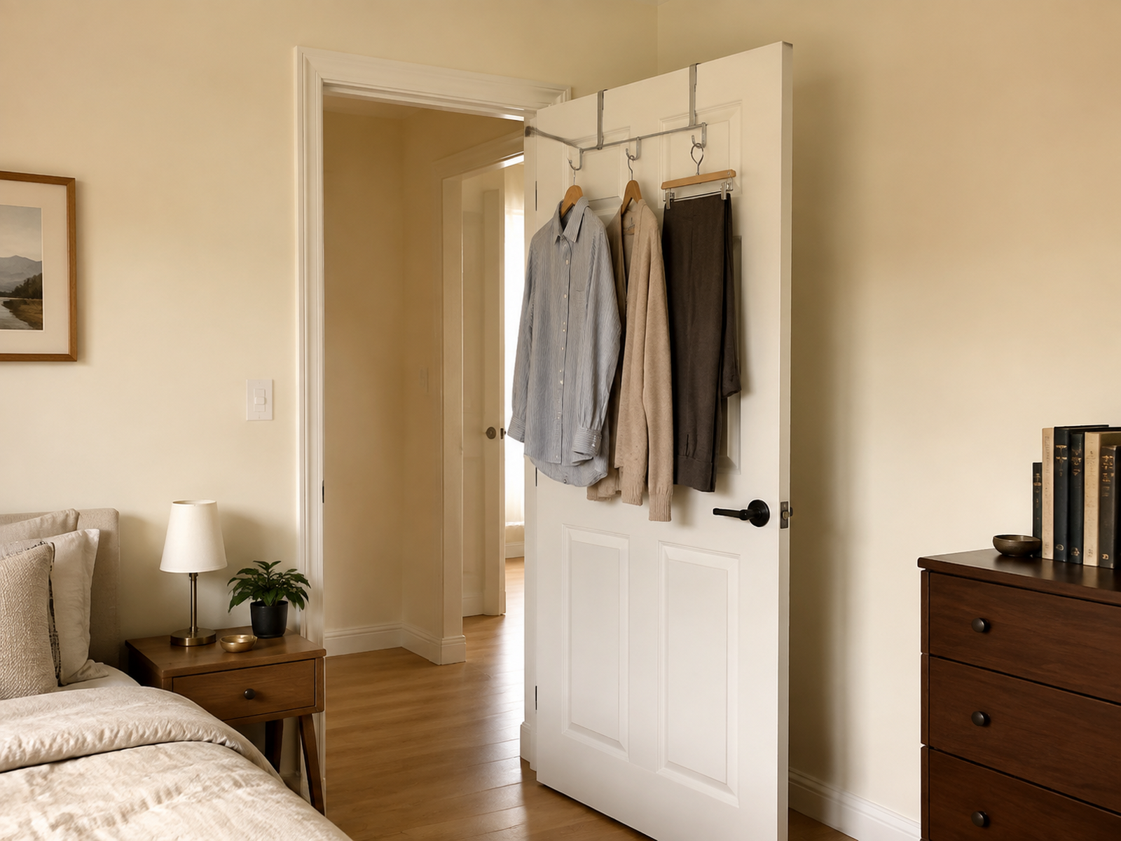 A removable over-door hanger holds three garments on a partially open compact-bedroom door with enough loaded clearance for the door and walking path to remain usable.