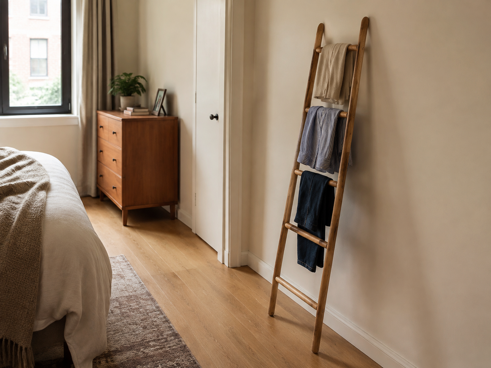 A wooden clothes ladder leans against a compact bedroom wall with three lightweight garments, showing its feet and real floor projection beside a clear walking path.