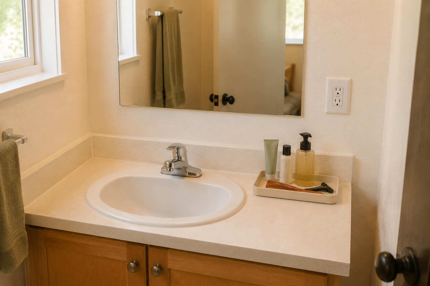 A compact bathroom with no medicine cabinet using one shallow tray for a few daily toiletries while the sink, outlet, mirror, and counter remain usable.