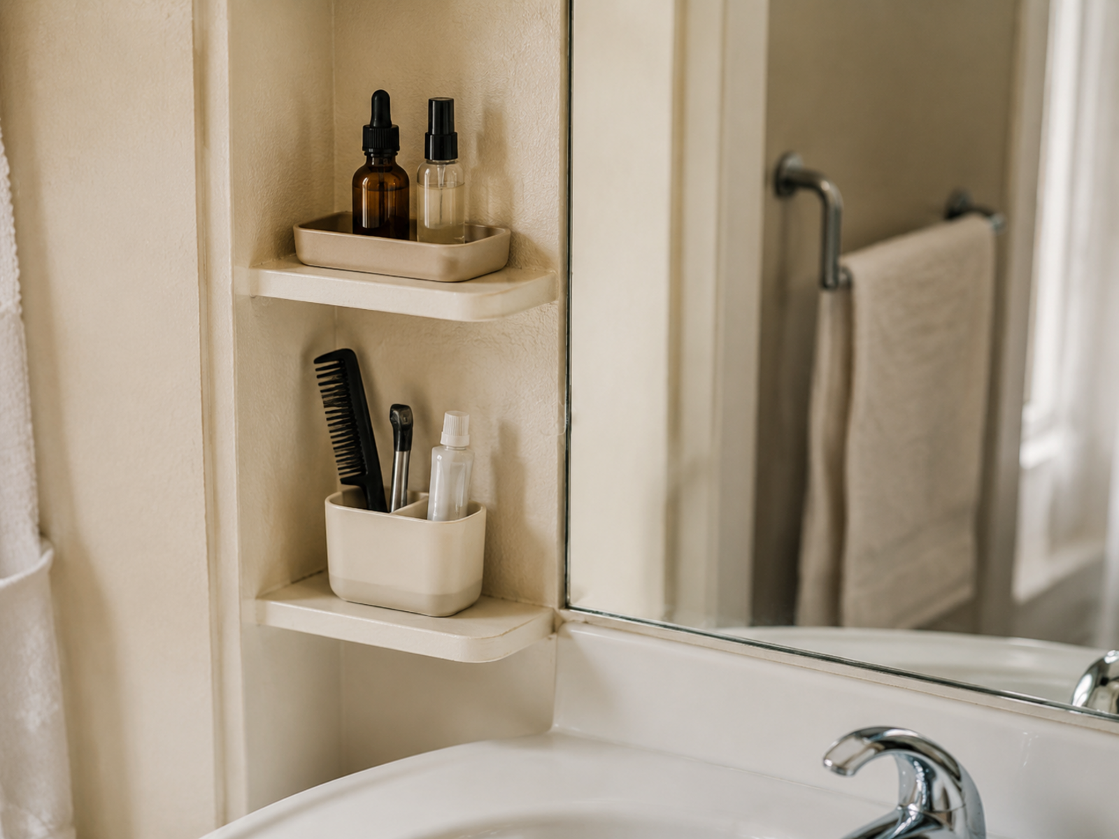 Two narrow shelves beside a bathroom mirror using shallow grouped containers for a small daily toiletry set without crowding the sink.