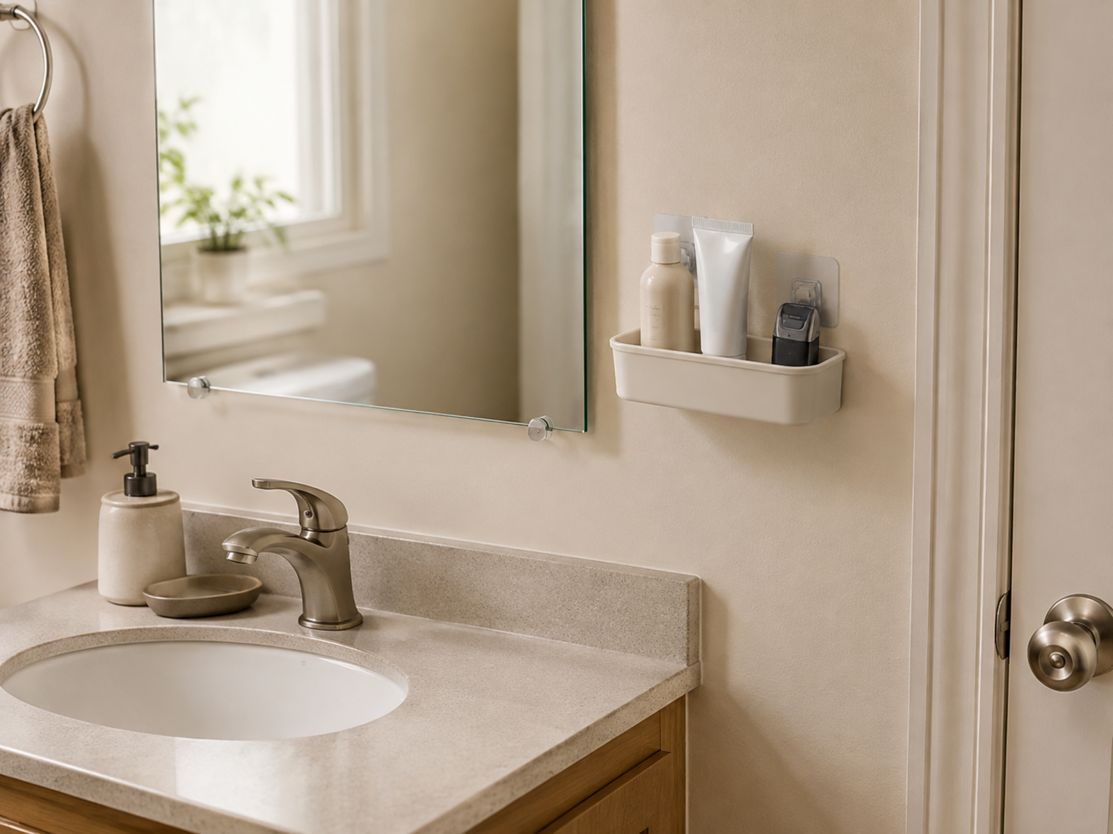 A shallow removable wall caddy beside a bathroom mirror holding three lightweight toiletries while the mirror, sink, and door remain clear.