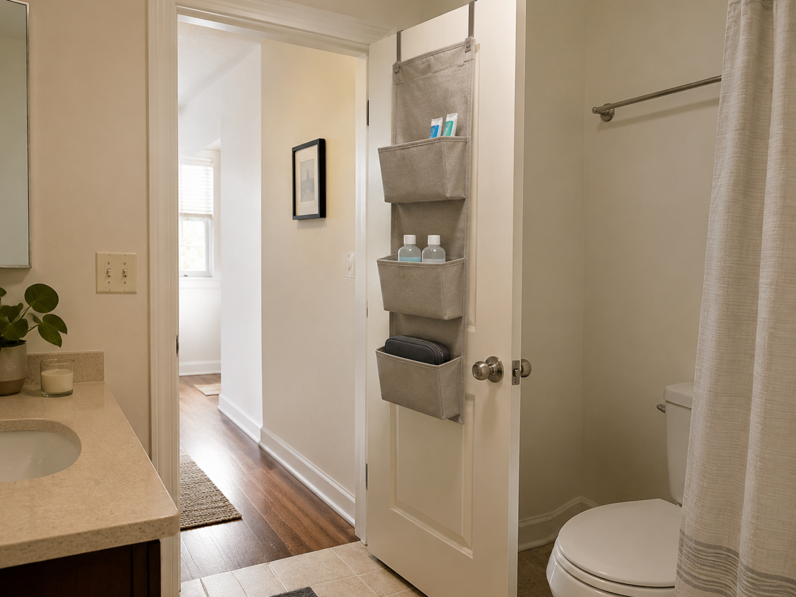 A shallow over-door organizer holding lightweight bathroom backups on a partly open hinged door with clear entry and fixture clearance.
