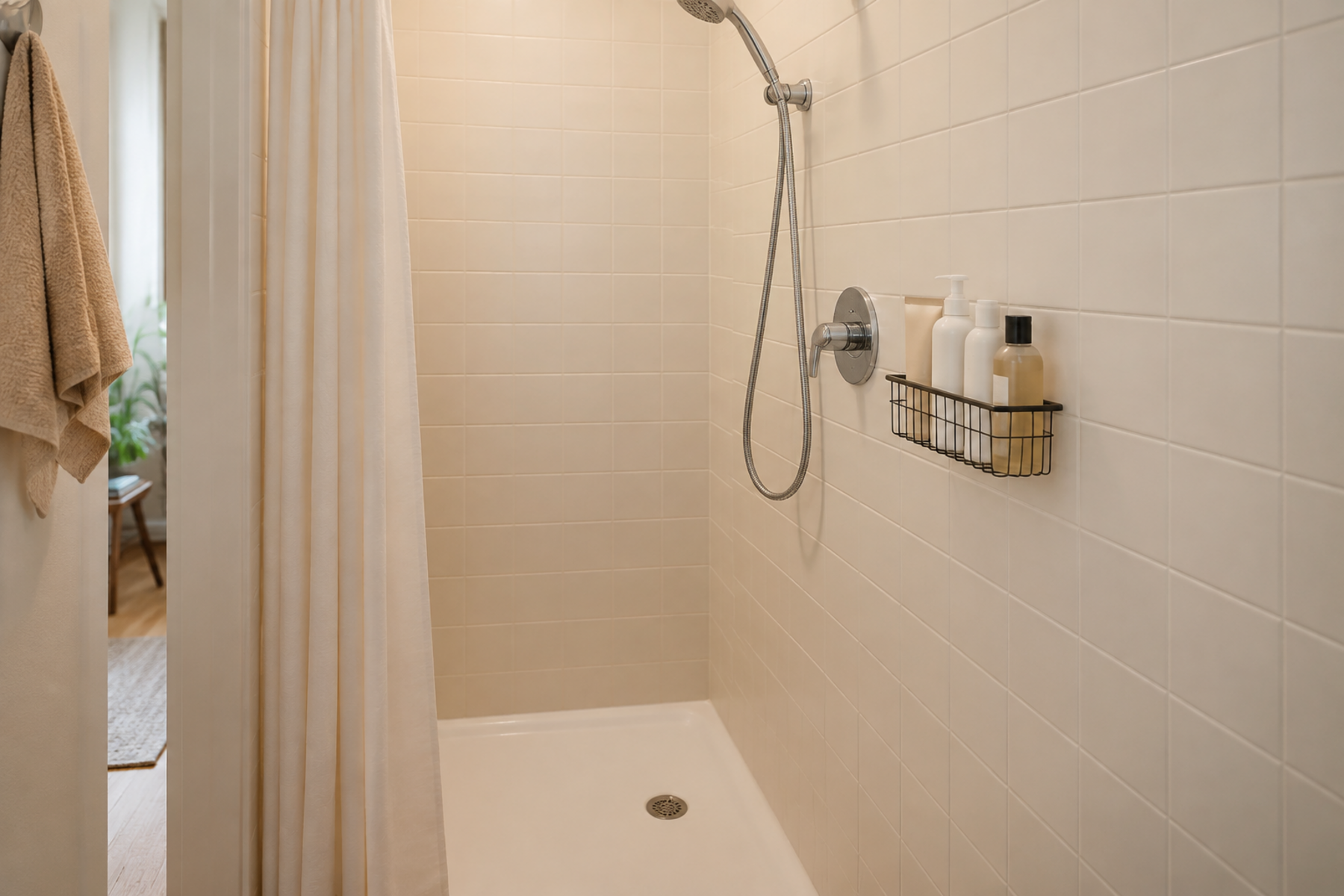 A compact shower with no niche using one slim wall basket for a few daily products while the controls, handheld hose, curtain path, and standing space remain clear.