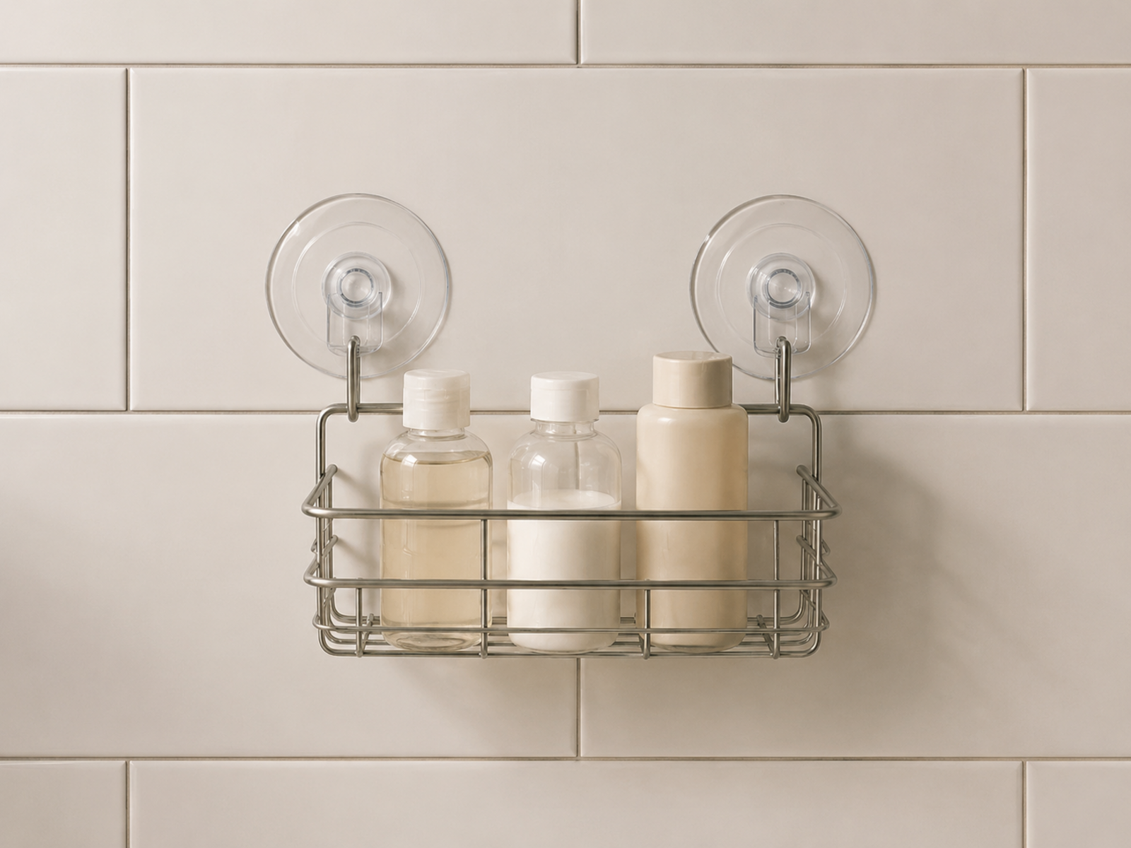 A suction shower basket on smooth glazed tile with both suction cups fully positioned on one tile face and clear of surrounding grout lines.
