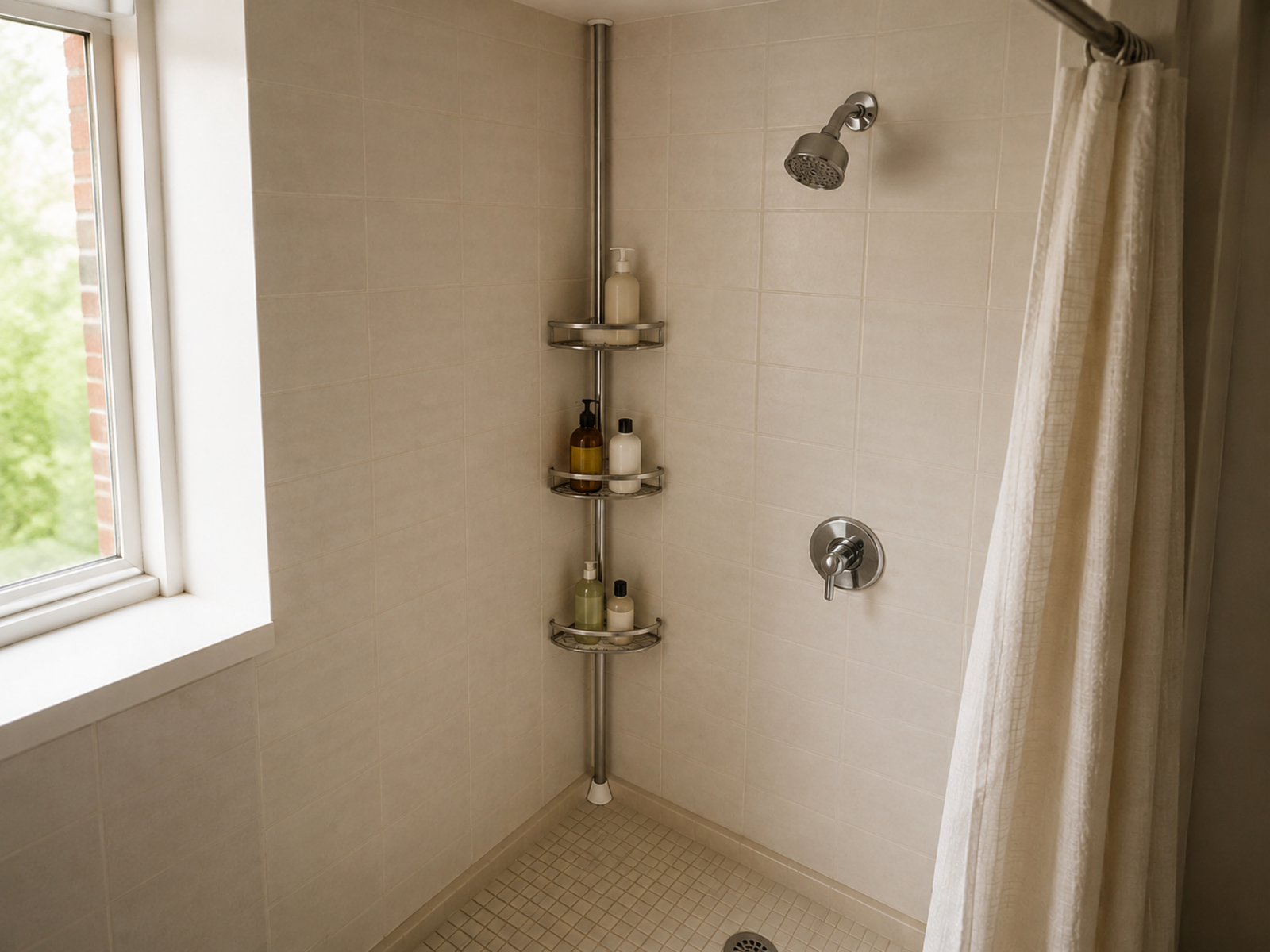 A tension-pole shower caddy fitted from floor to ceiling in a compact corner with three reachable shelves and the main standing area left open.