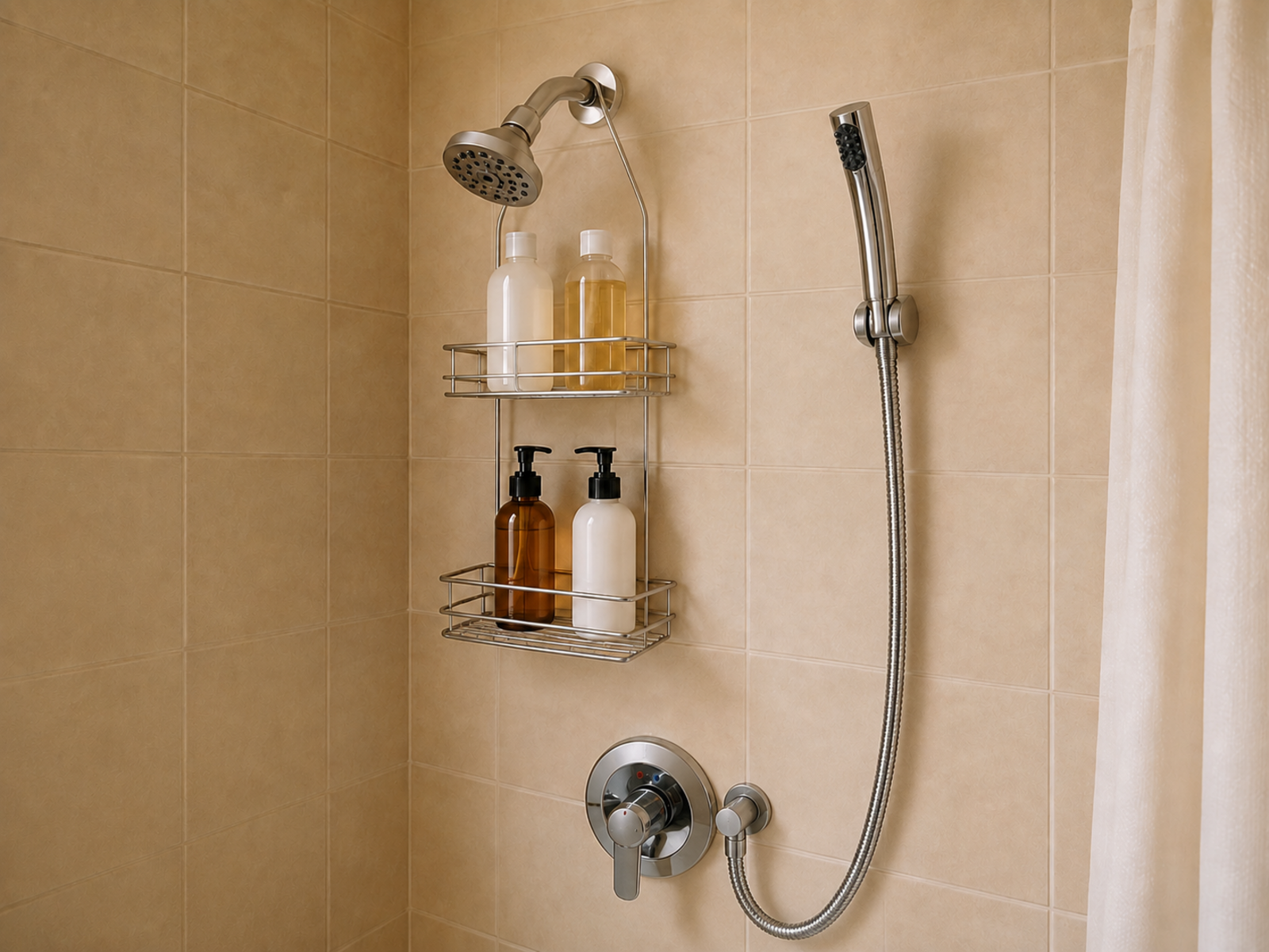 A two-shelf caddy hanging below a fixed showerhead with four bottles and a separate handheld wand whose hose connects unobstructed beside the mixer.