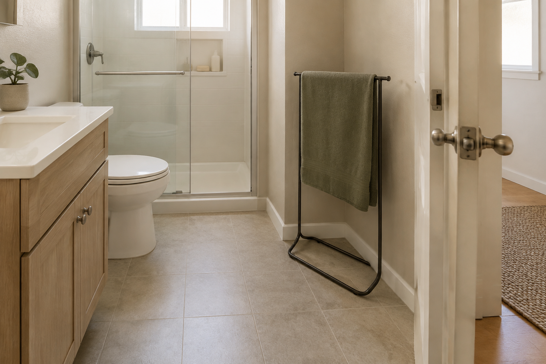 A small rental bathroom uses a slim freestanding rack in a recessed wall zone to hold one bath towel open above the floor, leaving the vanity, toilet, shower, and walkway clear.