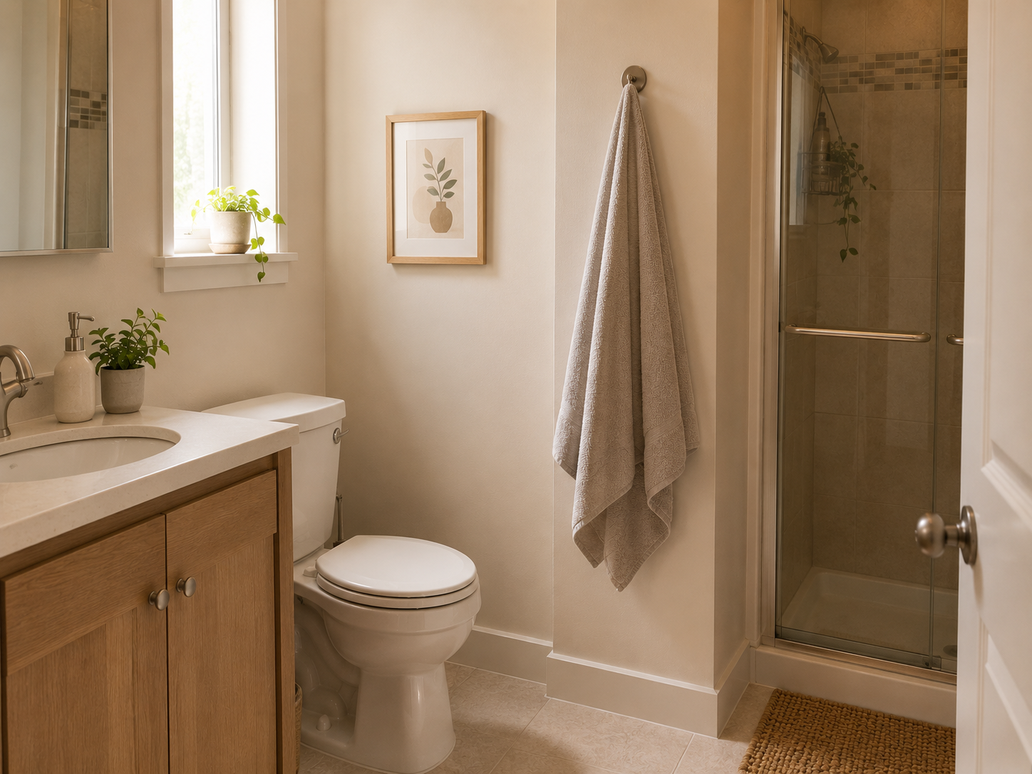 A bath towel hangs from a single wall hook on a small bathroom wall section near the shower and above the floor.