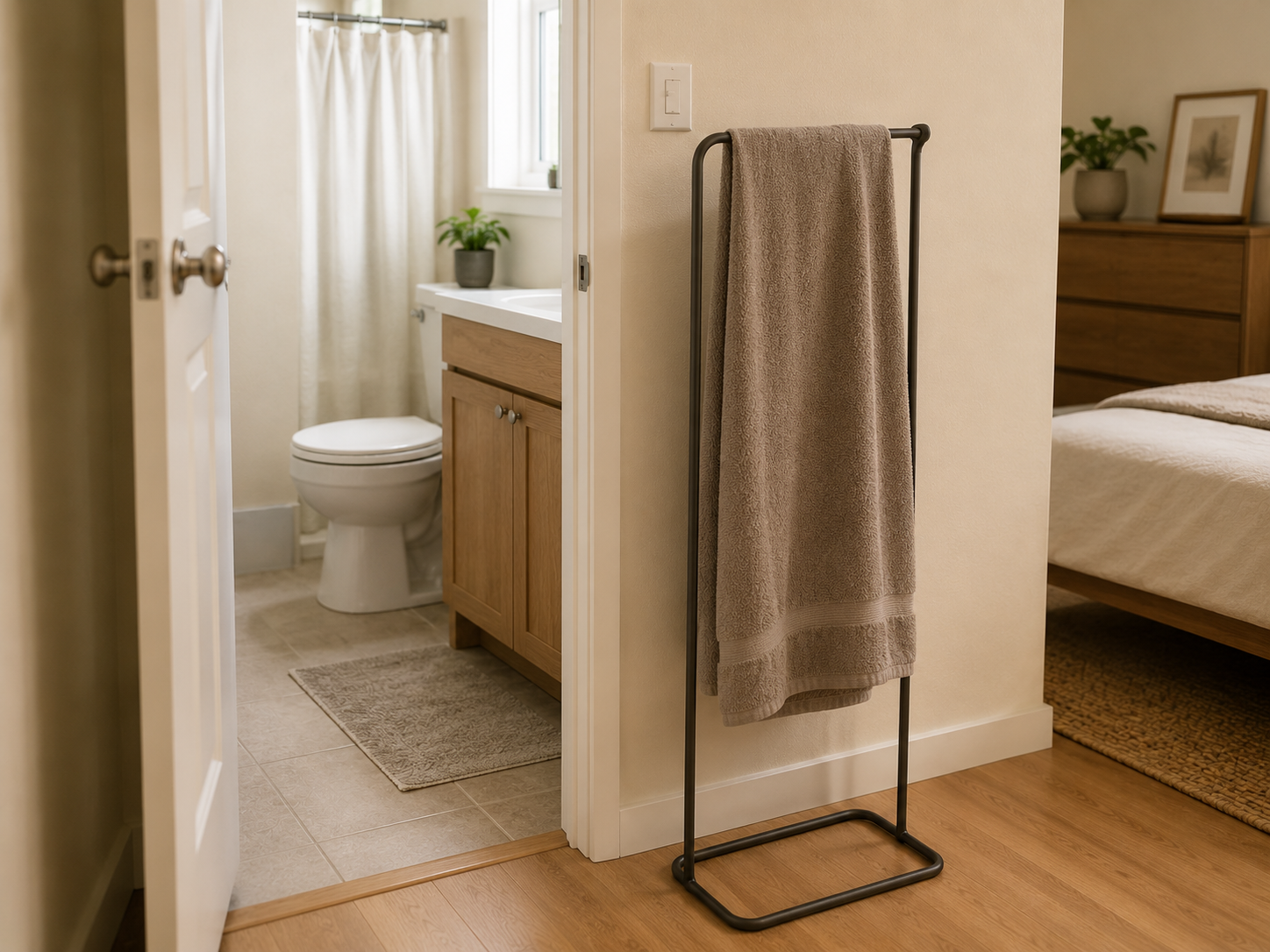 A bath towel dries on a slim freestanding stand just outside a small bathroom doorway.