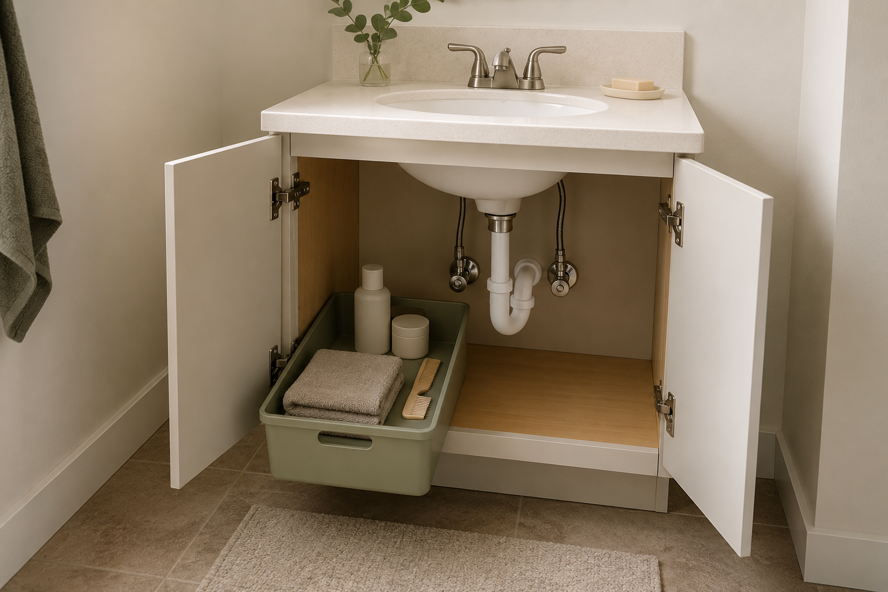 A compact no-drawer bathroom vanity with both cabinet doors open, visible plumbing, and a shallow removable bin pulled forward with daily toiletries.