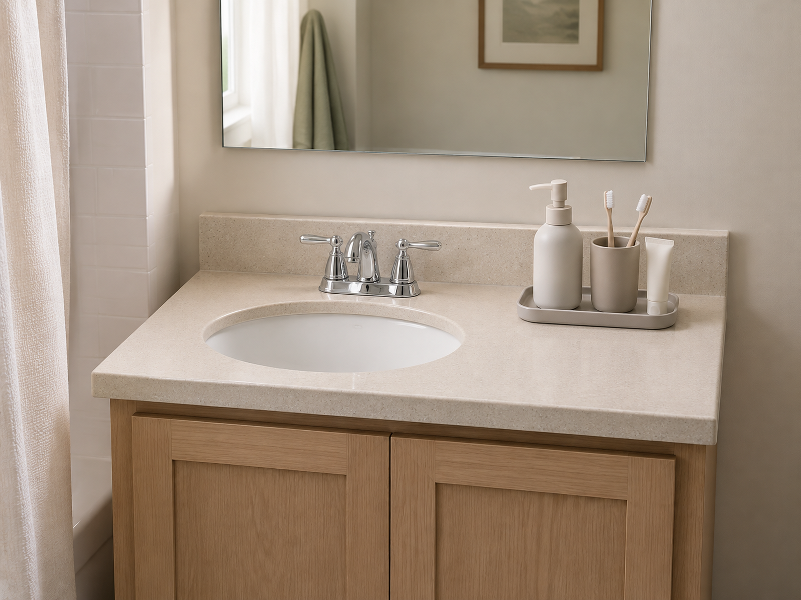 A compact no-drawer bathroom vanity with one small tray of daily toiletries at the counter edge and most of the sink counter left clear.