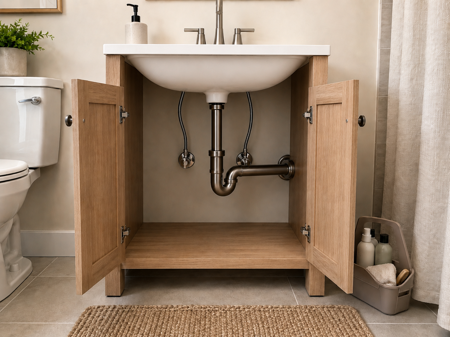 An open no-drawer bathroom vanity with visible plumbing and one removable caddy set beside the cabinet for easy inspection access.