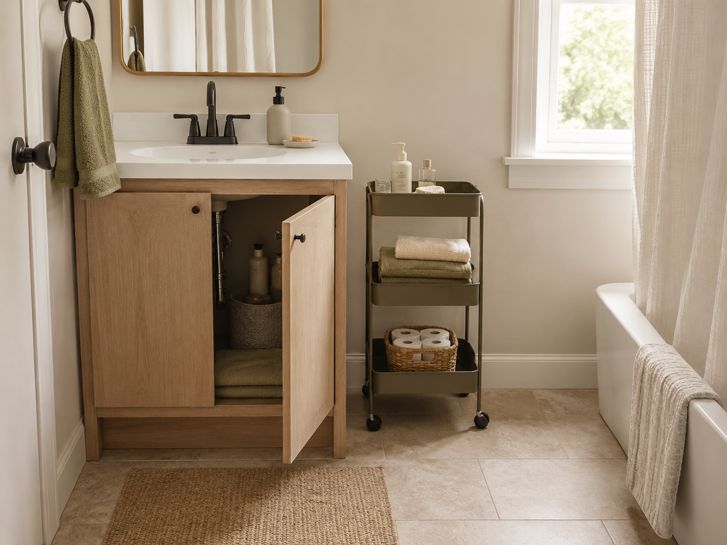 A small freestanding cart holds towels and backup toiletries beside an open no-drawer bathroom vanity.