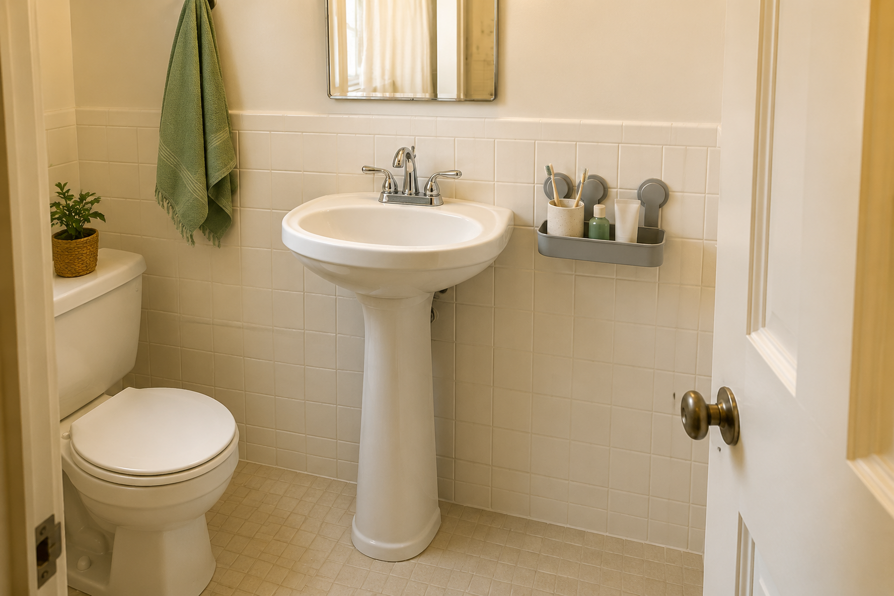 A pedestal sink in a compact bathroom has a small suction-mounted wall caddy with daily toiletries while the floor and doorway remain clear.