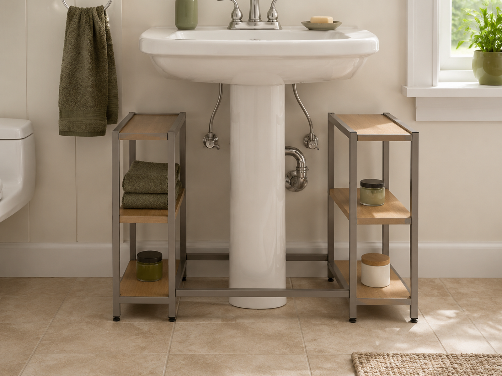 A freestanding open shelf system stands around a pedestal sink with gaps for the pedestal, plumbing valves, and floor cleaning.
