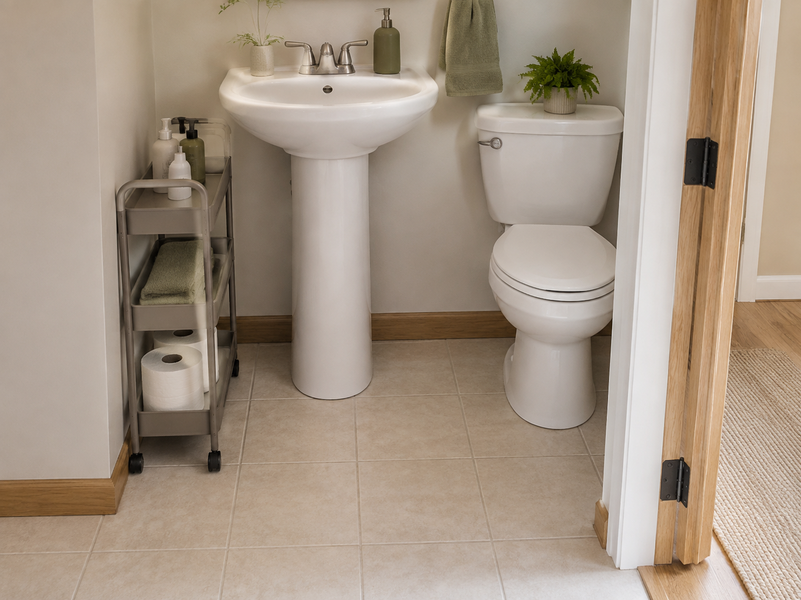 A narrow rolling cart beside a pedestal sink holds towels and toiletries while the toilet, doorway, and sink standing area remain clear.