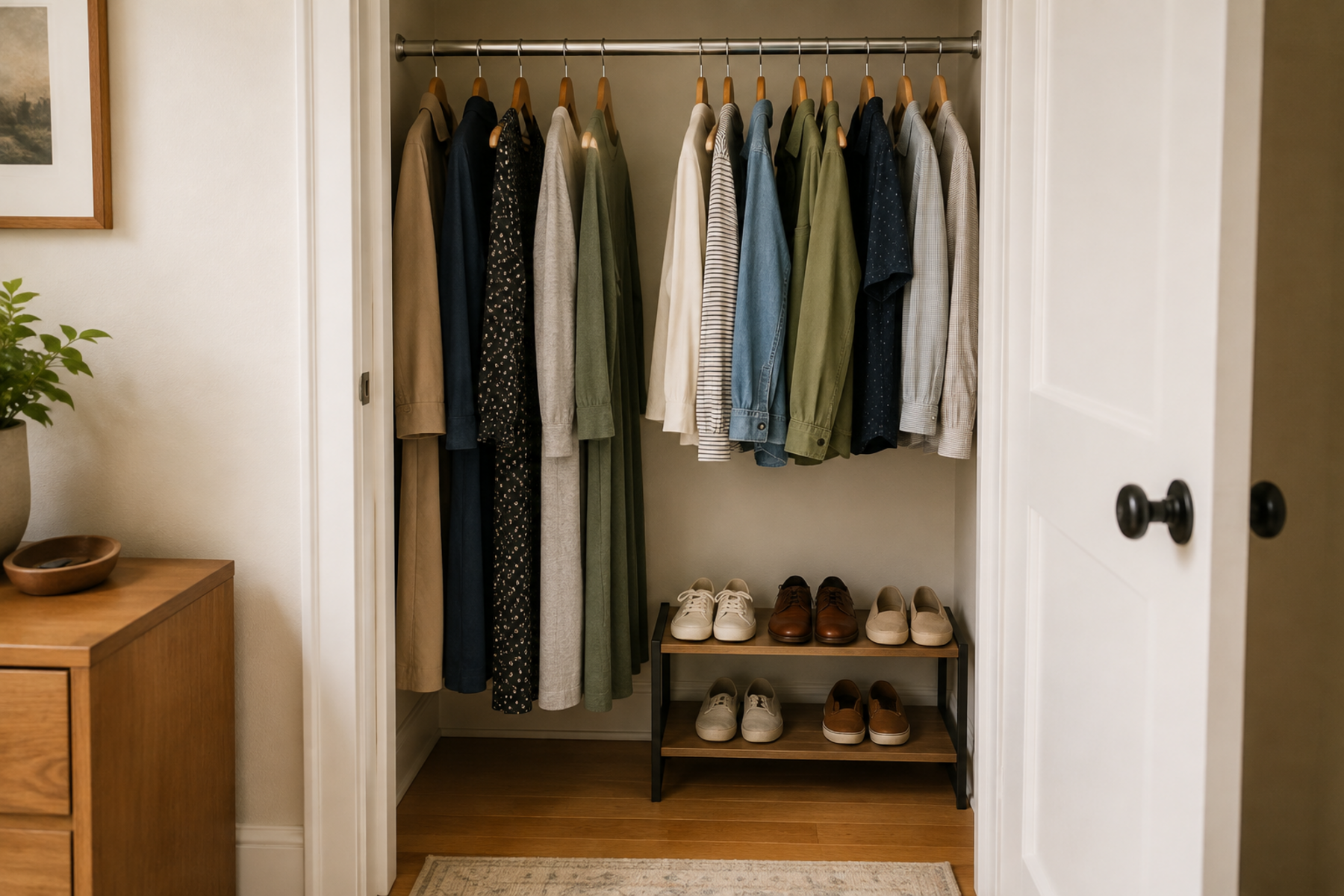 A small rod-only closet with long garments hanging freely on one side and short garments above a low removable shoe shelf on the other.