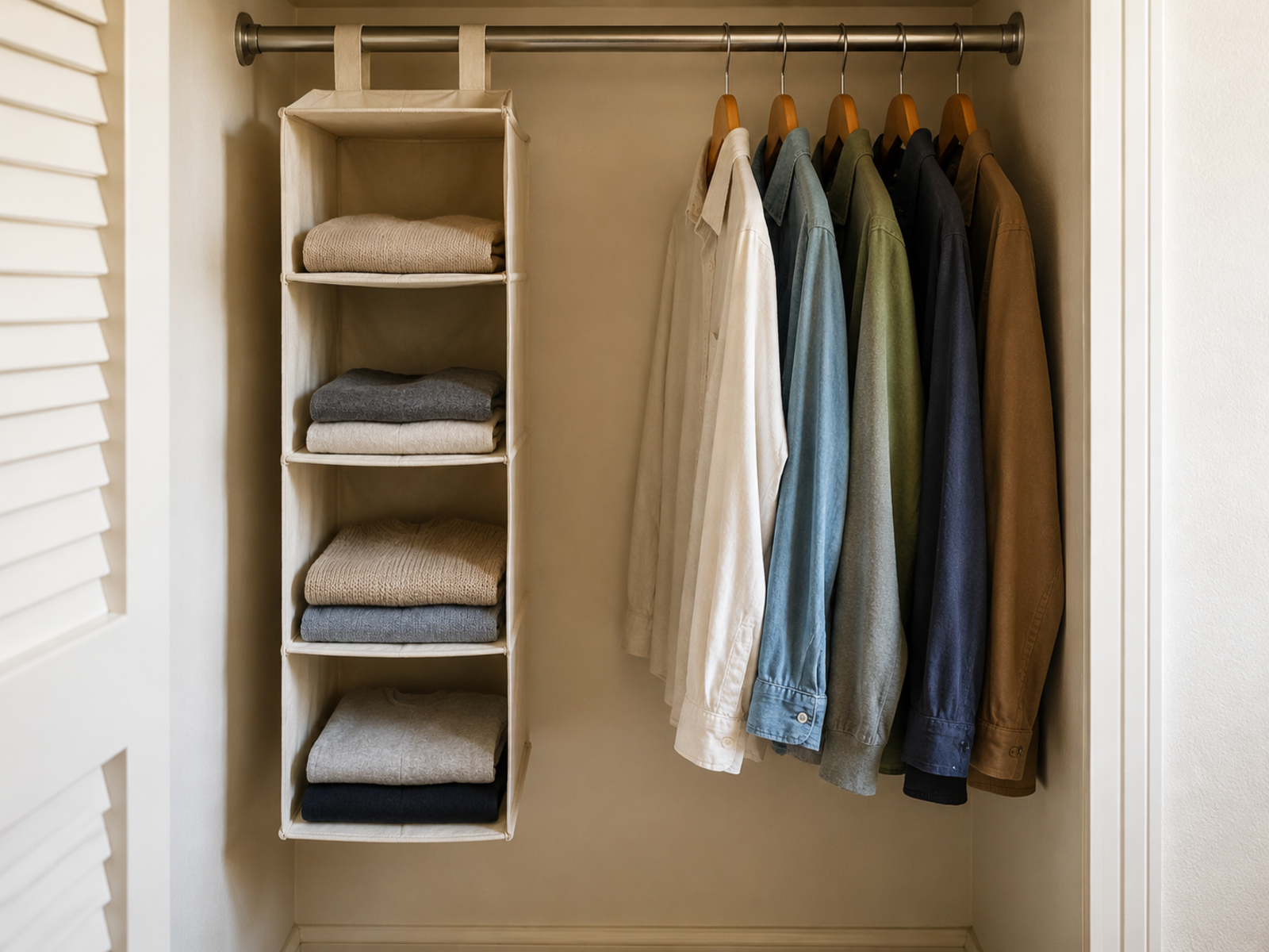 A soft hanging cubby using one end of a small closet rod while a clear gap leaves the adjacent shirts free to slide and be removed.