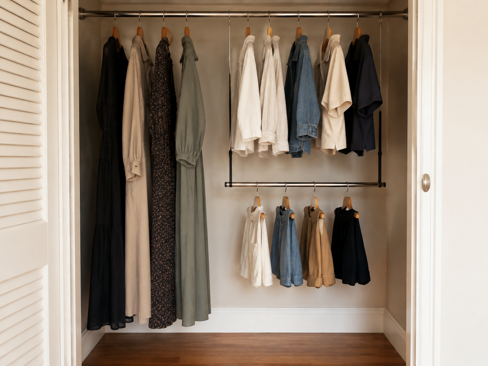 A small closet with a removable lower rod under short garments and a separate full-height section reserved for long clothes.