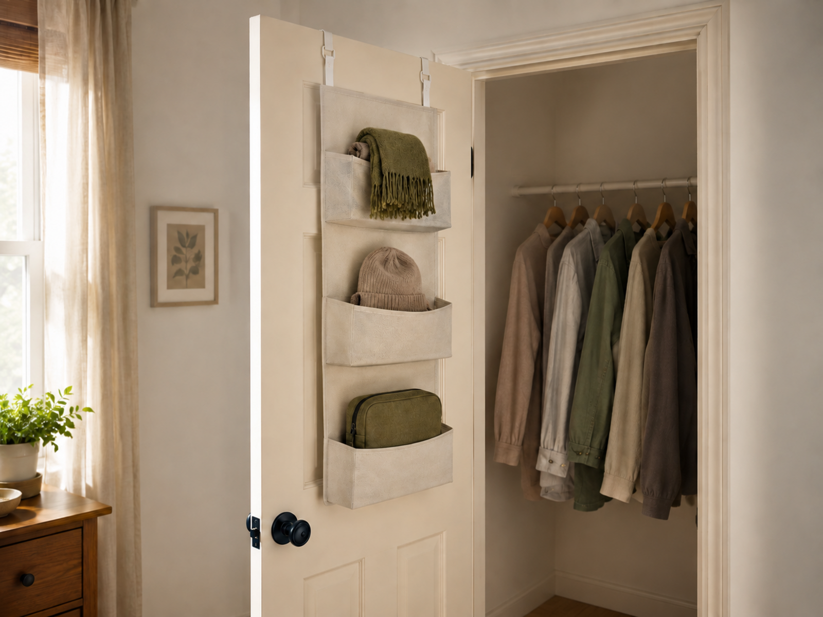 A shallow organizer on a partly open hinged closet door with lightweight accessories and clear space between the organizer and the hanging clothes.